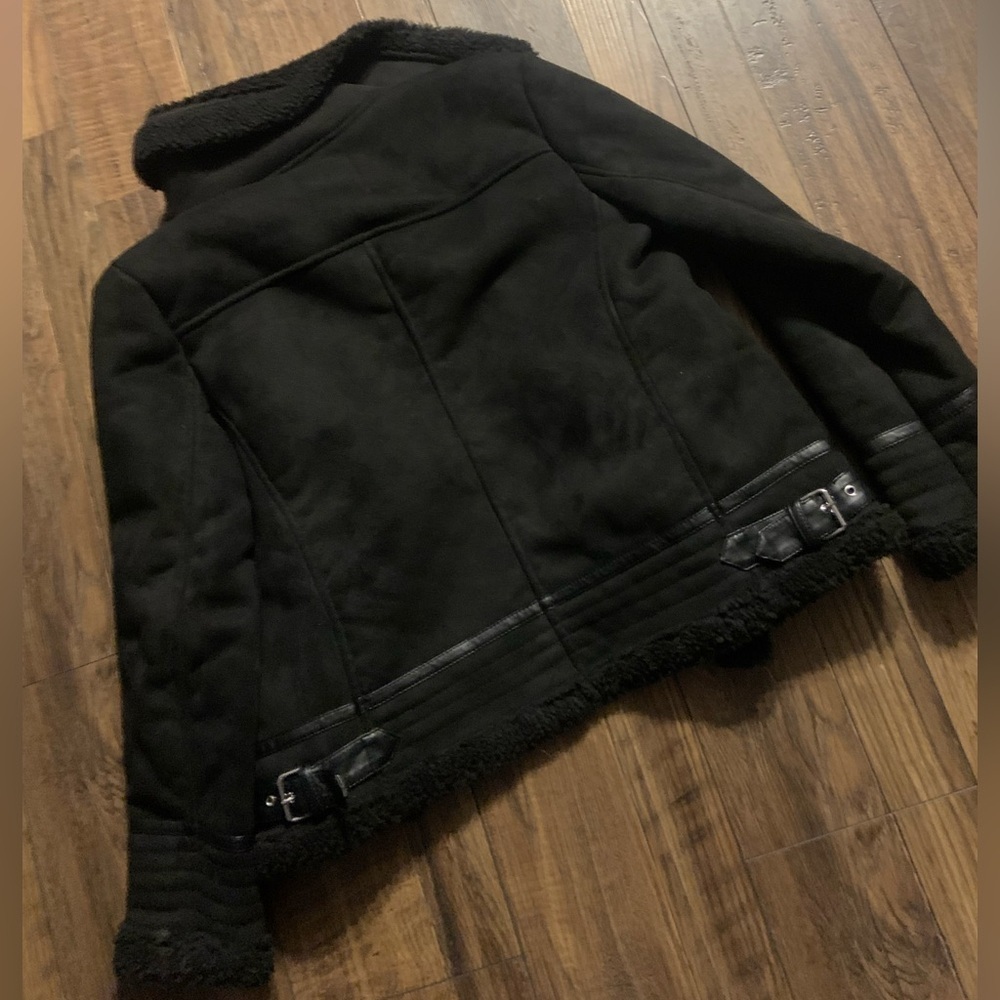 Zara black shearling moto jacket $120 M classic fall casual black coat boho $120 - Picture 6 of 6